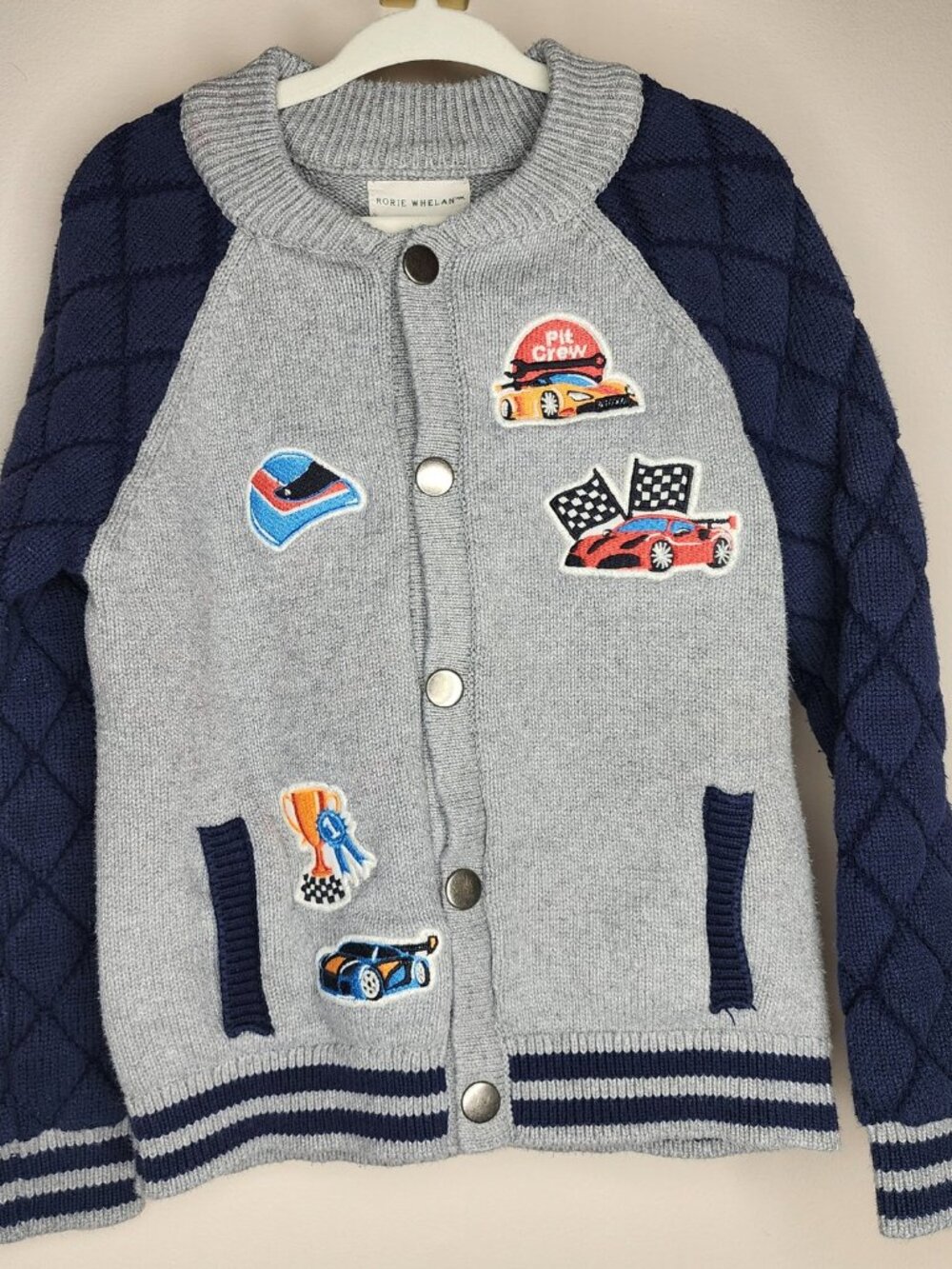 Rorie Whelan Boys Varsity Snap Cardigan — Grey/Navy, Size 5 | Racing Patches